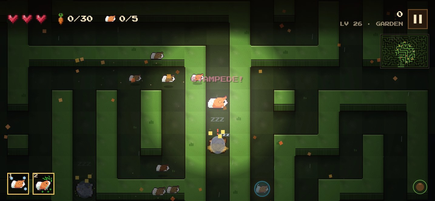 Maze Pig gameplay: a herd of pups stampedes through a garden burrow past sleeping enemies