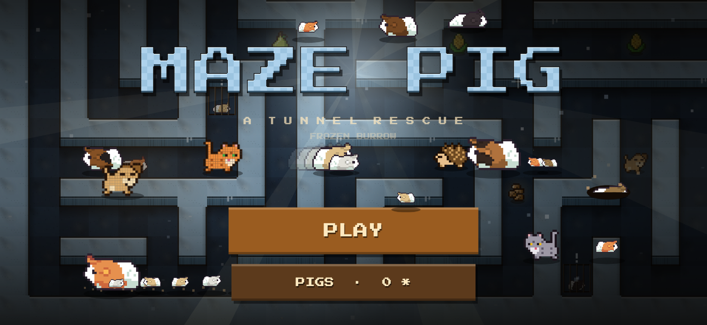 Maze Pig title screen: guinea pigs, cats and a hedgehog in a frozen burrow