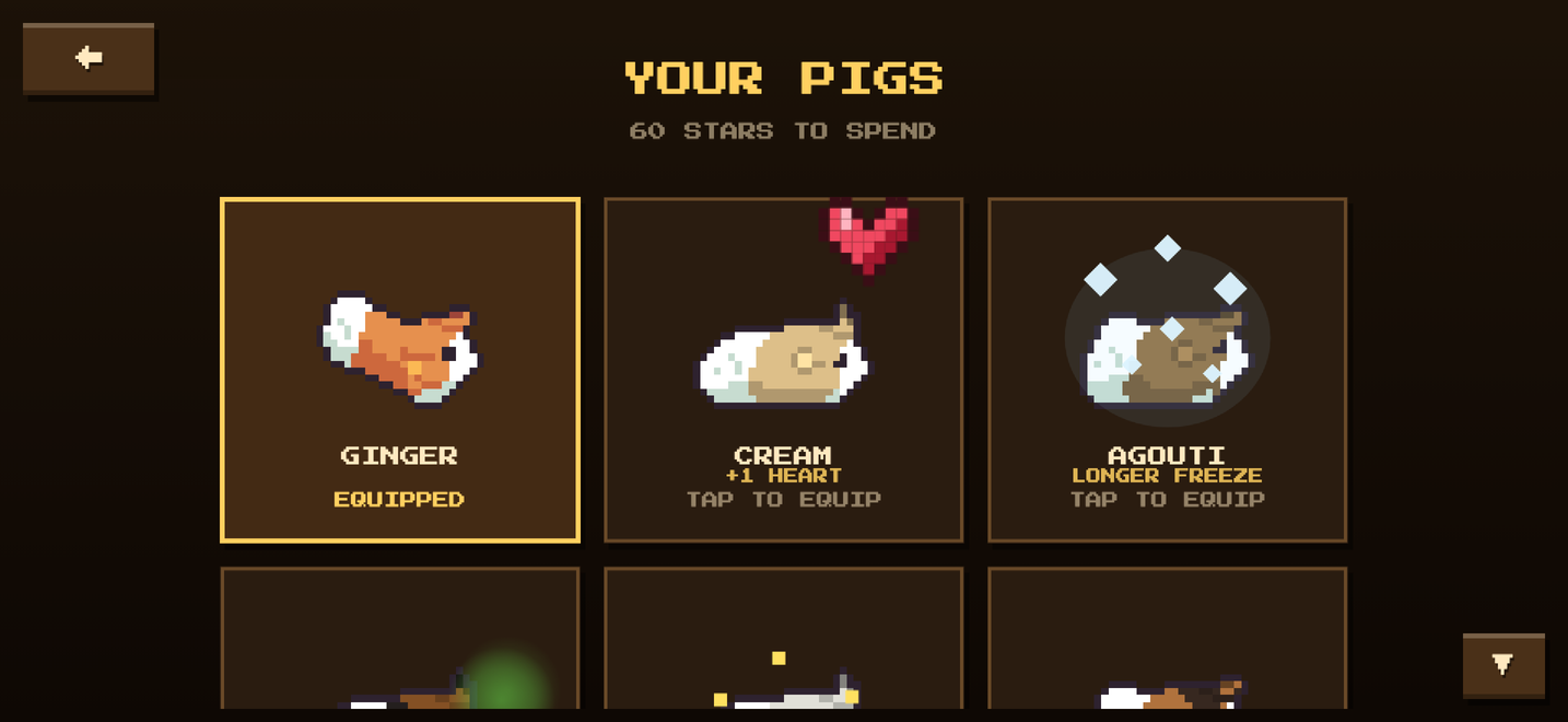 Maze Pig screenshot: choosing a guinea pig coat, each with its own perk