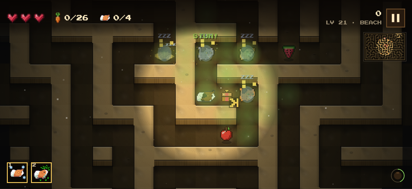 Maze Pig screenshot: a stink cloud stuns a cat, a dog and a hedgehog