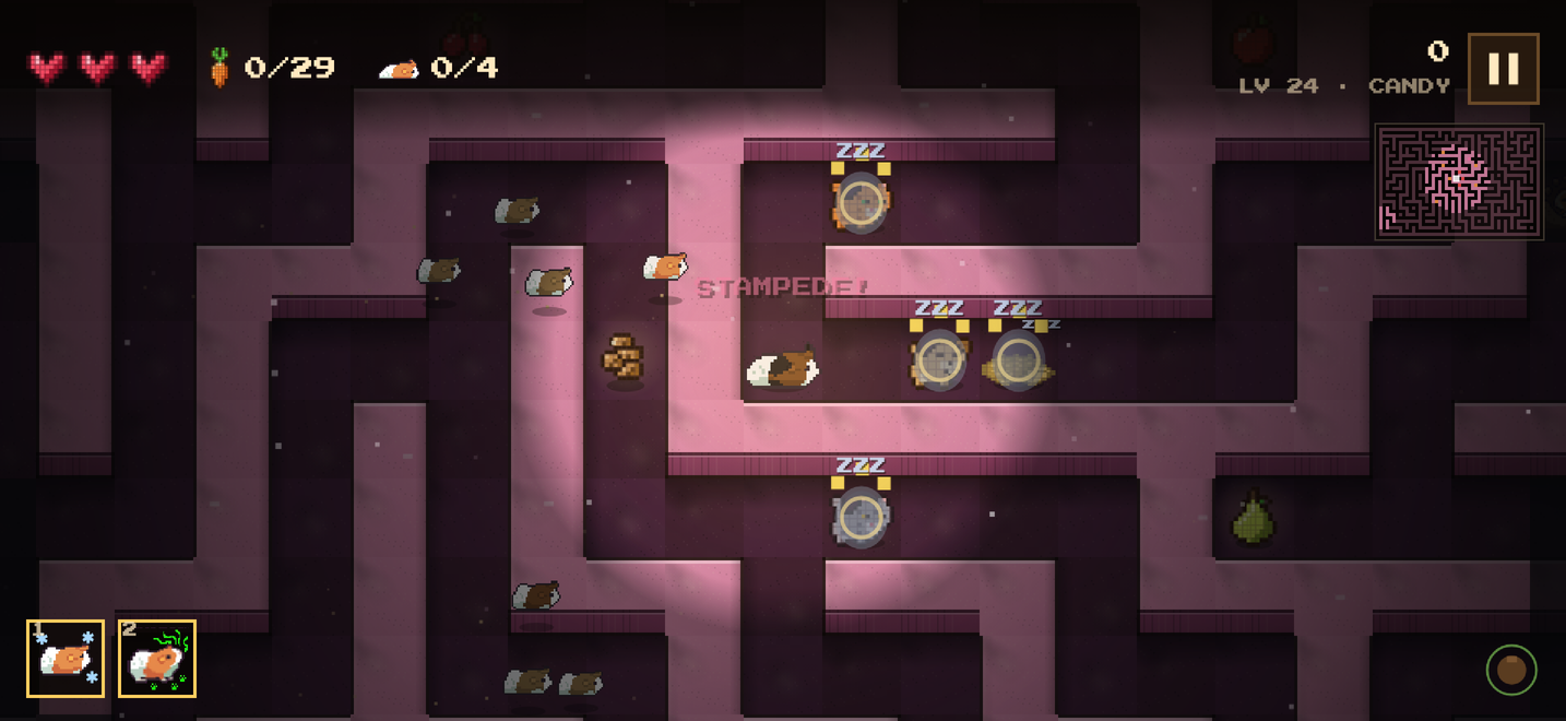 Maze Pig screenshot: a stampede of pups knocks out the enemies in a candy burrow