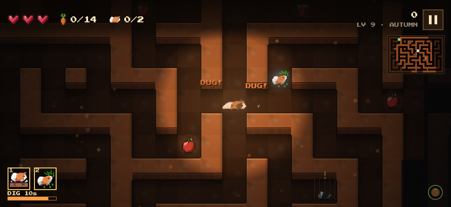 Maze Pig screenshot: the pig digs straight through two walls in an autumn burrow