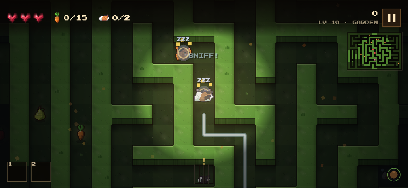 Maze Pig screenshot: a sniff trail lights the way to food while enemies sleep